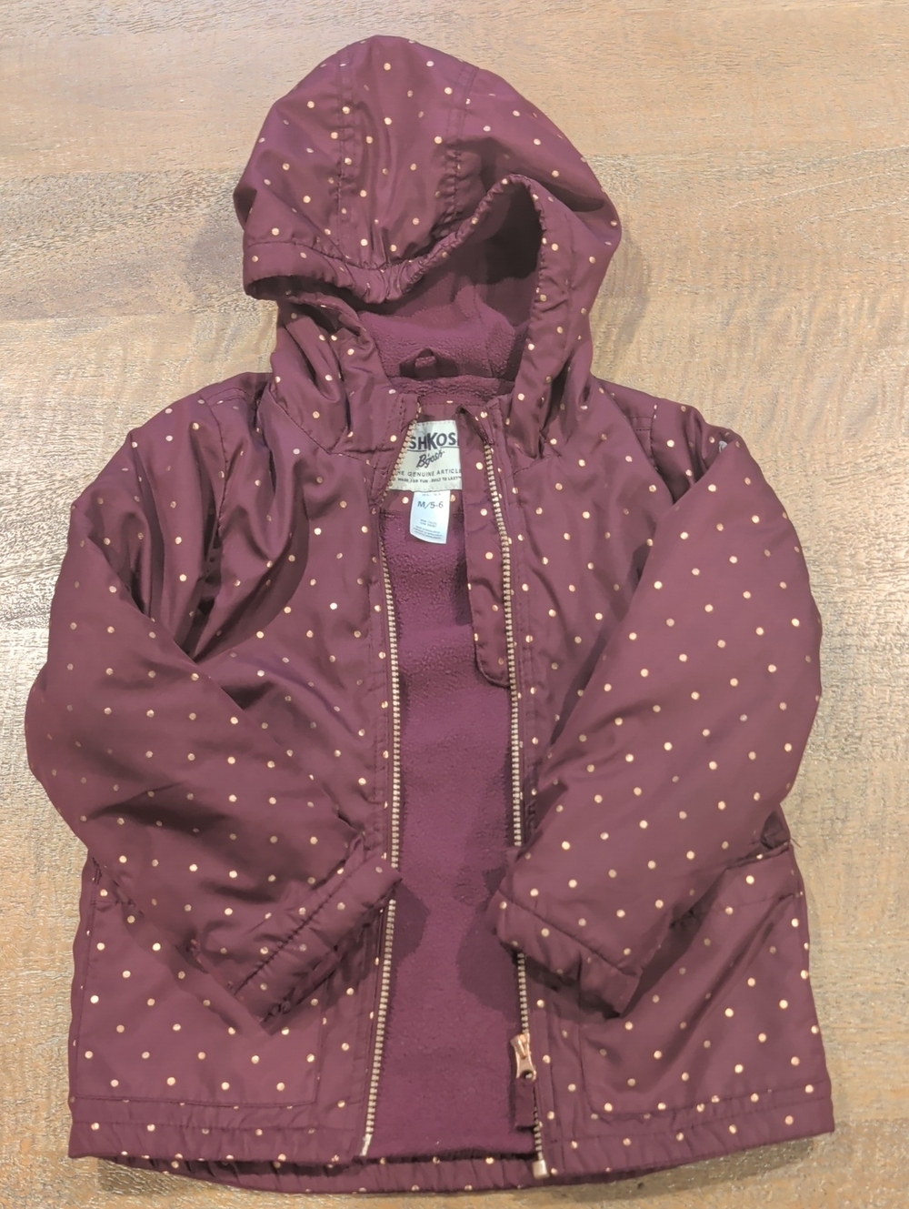 OshKosh Girls Plum Fleece Lined Rain Jacket Rose Gold Dots 5/6